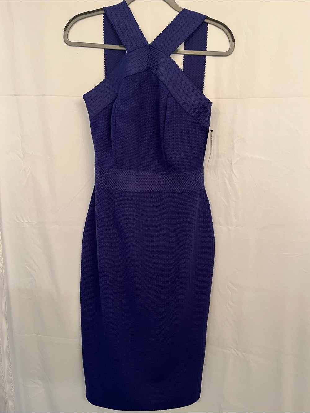 Sleeveless Textured Navy Sheath Dress